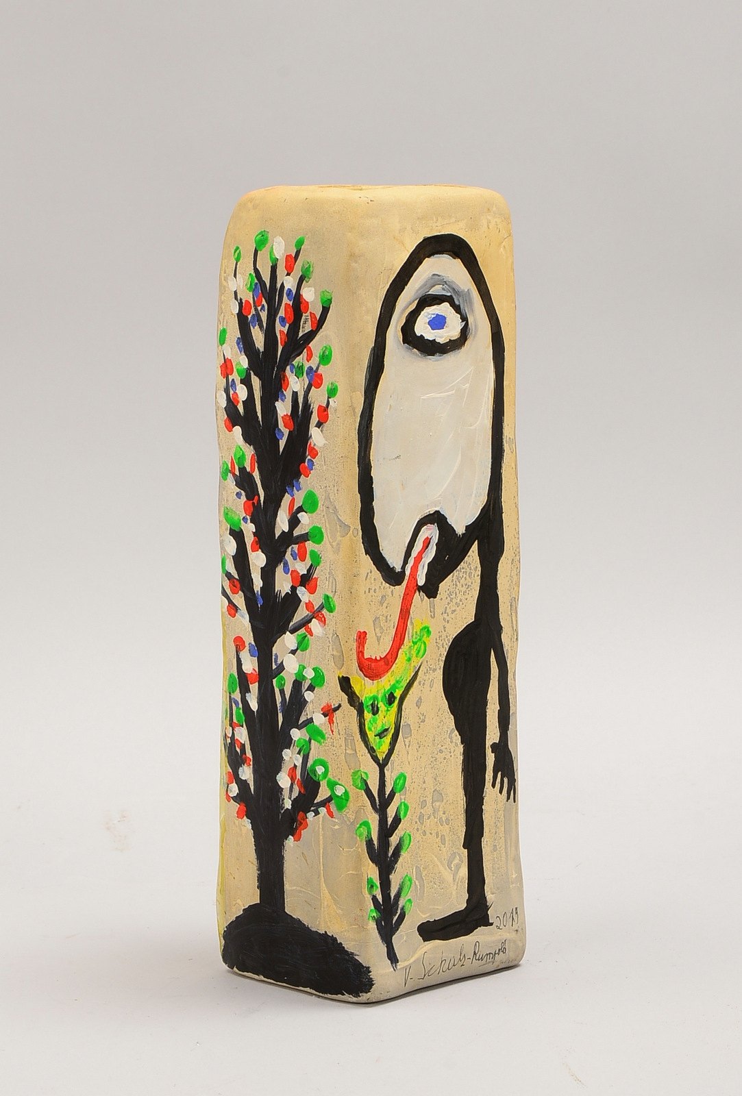 Schulz-Rumpold, V., handbem. Keramikvase, 'Figuren...', sign./dat.; Höhe 30,5 cm