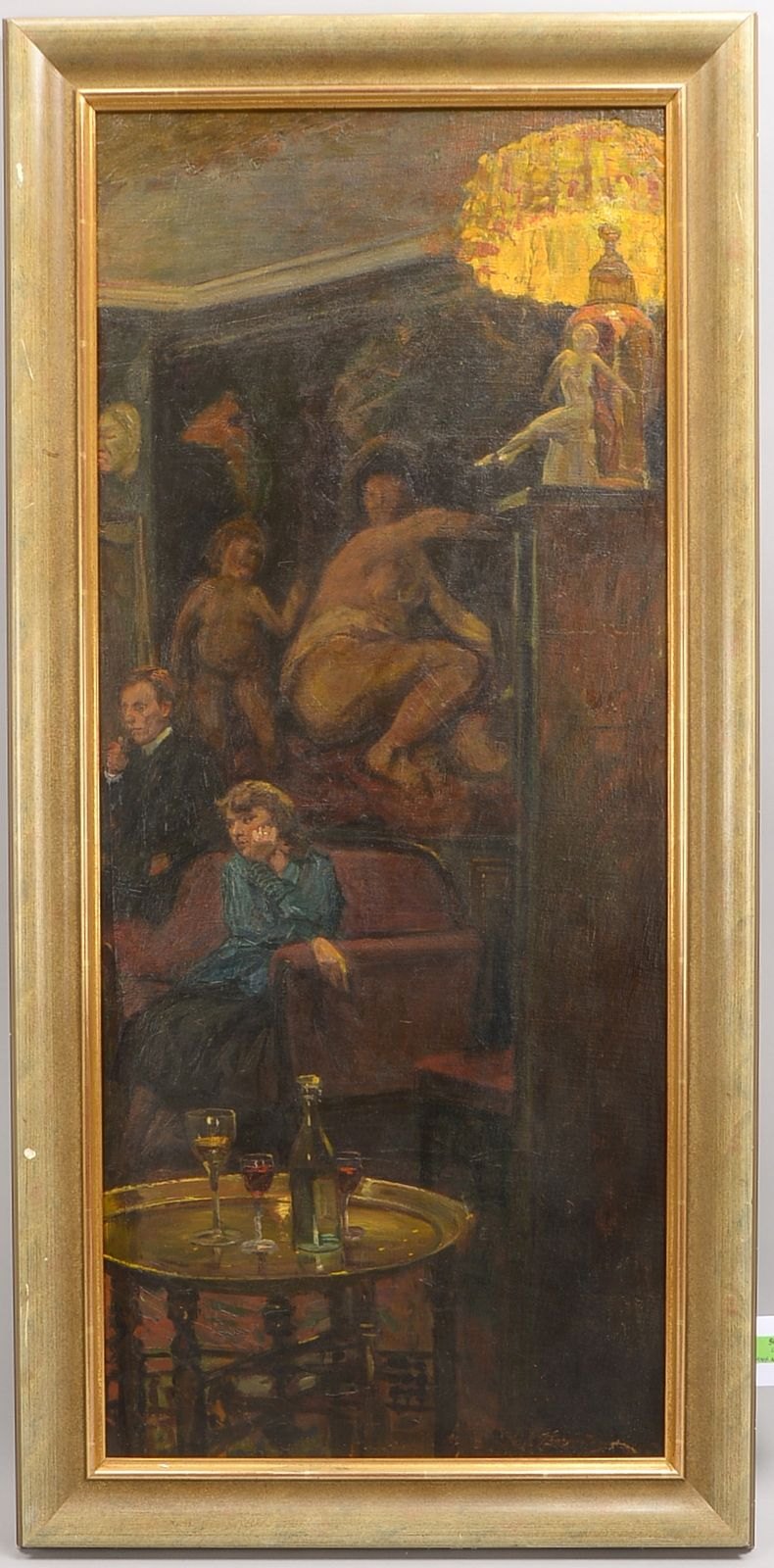 Gemälde, 'Paar in Wohnzimmer-Interieur', Öl/Lw, auf Karton aufgez., unten re. sign.