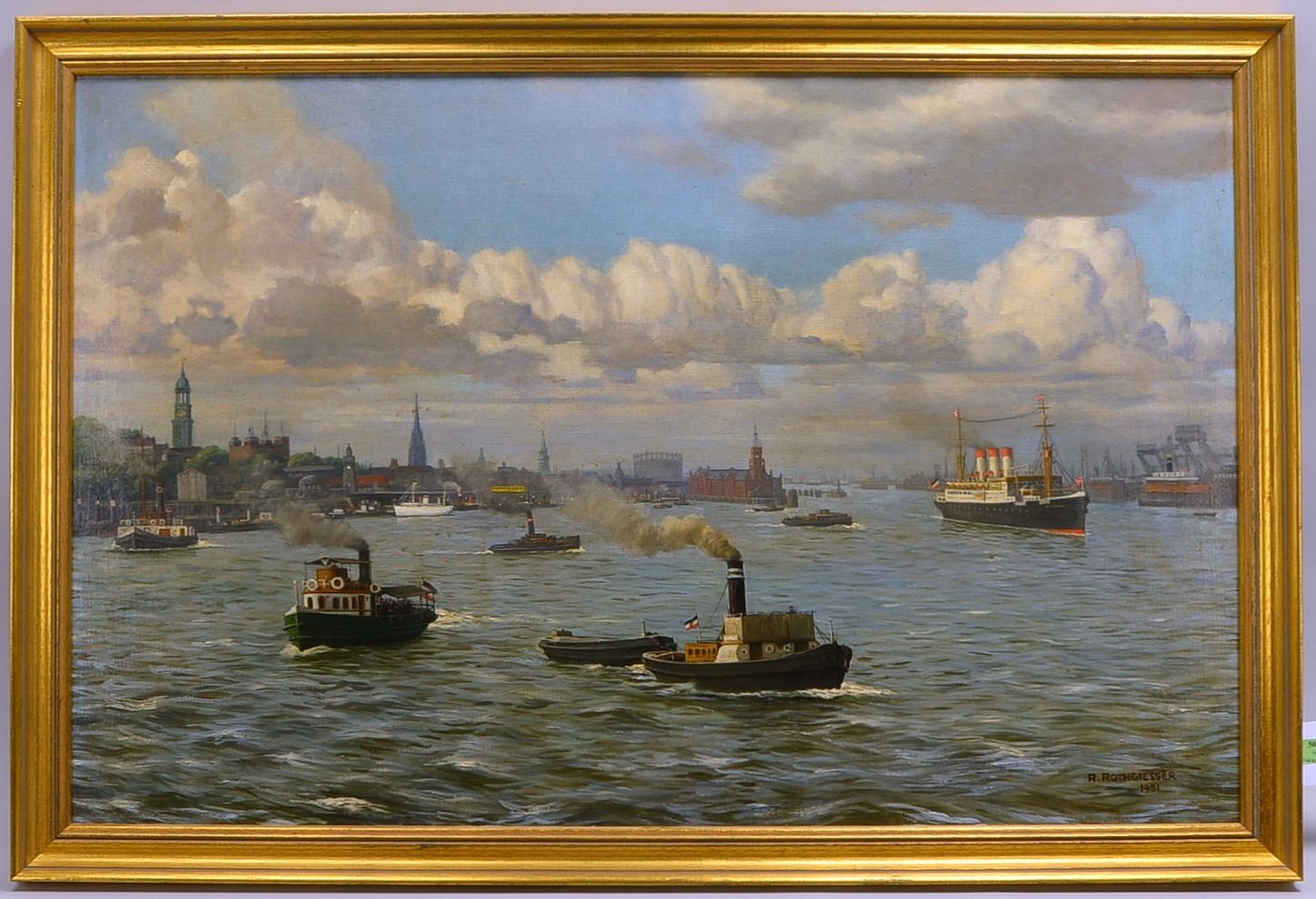 Rothgiesser, R., 'Hamburger Hafen', Öl/Lw, sign./dat. '1931'; Rahmenmaße 73 x 108 cm