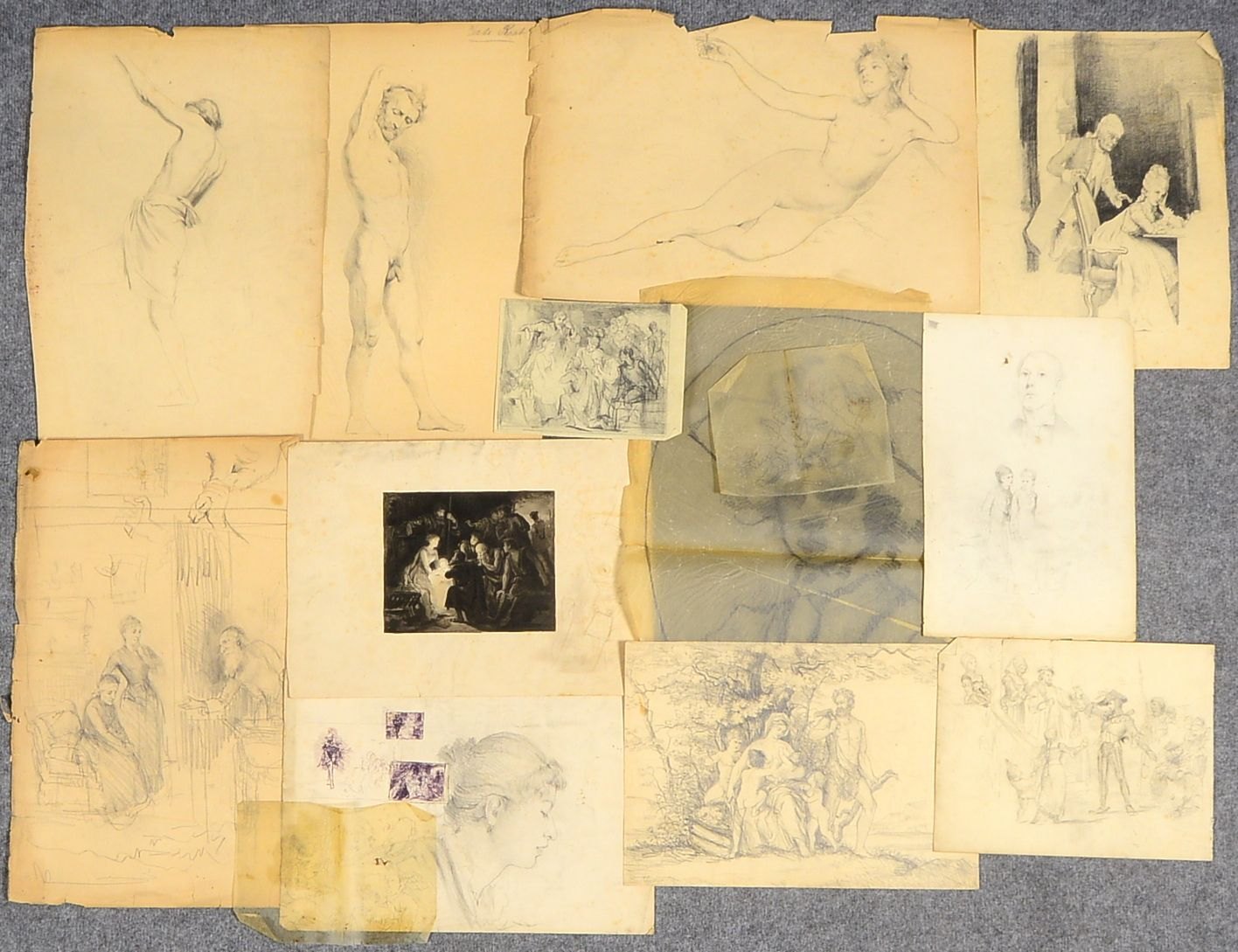 Spielter, C.J., 18 Zeichn./Studien, 'Gesellschaftsszenen', Bleistift/Graphit, teils sign./dat.