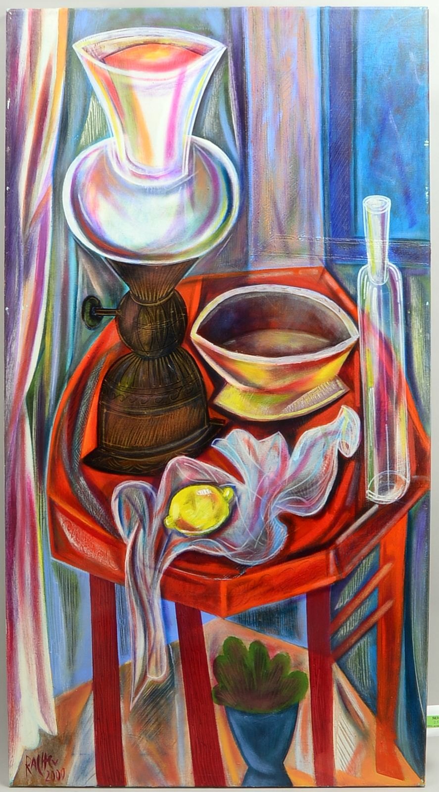 Rachev, Rumen, 'The red table', Acryl/Lw, mehrf. sign./dat. '2000'; Bildmaße 130 x 70 cm