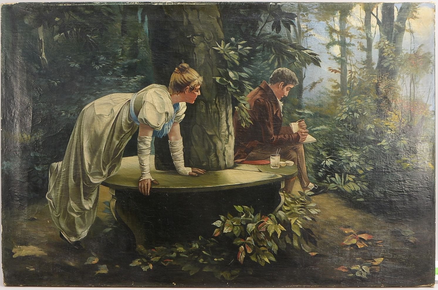 Kopist, 'Der Liebesbrief', Öl/Lw, unten re. sign./dat. '1909', unger.; Bildmaße 78,5 x 120,5 cm