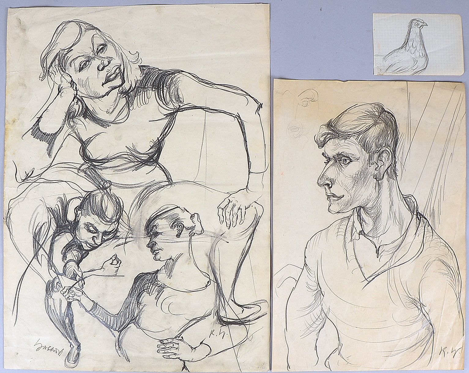 Hubbuch, Prof. Karl, 3 Zeichnungen: 'Personenstudien' und 'Huhn', 2x sign./monogr., 1x gest.