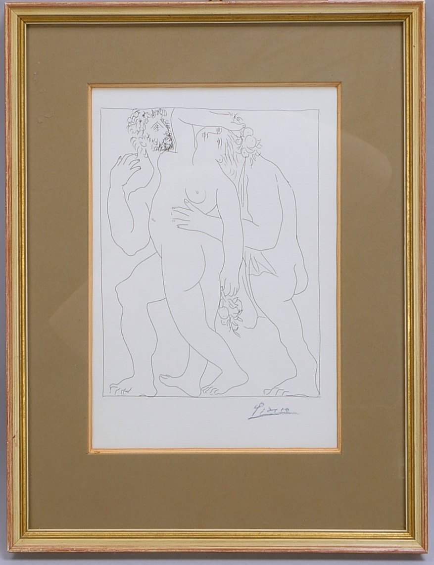 Picasso, Pablo Ruiz, 'Damen- und Herrenakte', Lithografie, sign., unter PP hinter Glas ger.