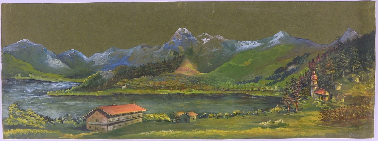 Kreidepastell, 'Gebirgspanorama mit See und Kirche', unten re. bleisign. 'Aigner', unter PP - unger.