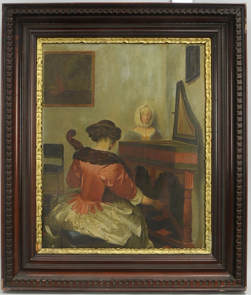 Gemälde, 'Rückenansicht einer Dame mit Cello', Öl/Holz, unsign.; Rahmenmaße 75 x 64 cm