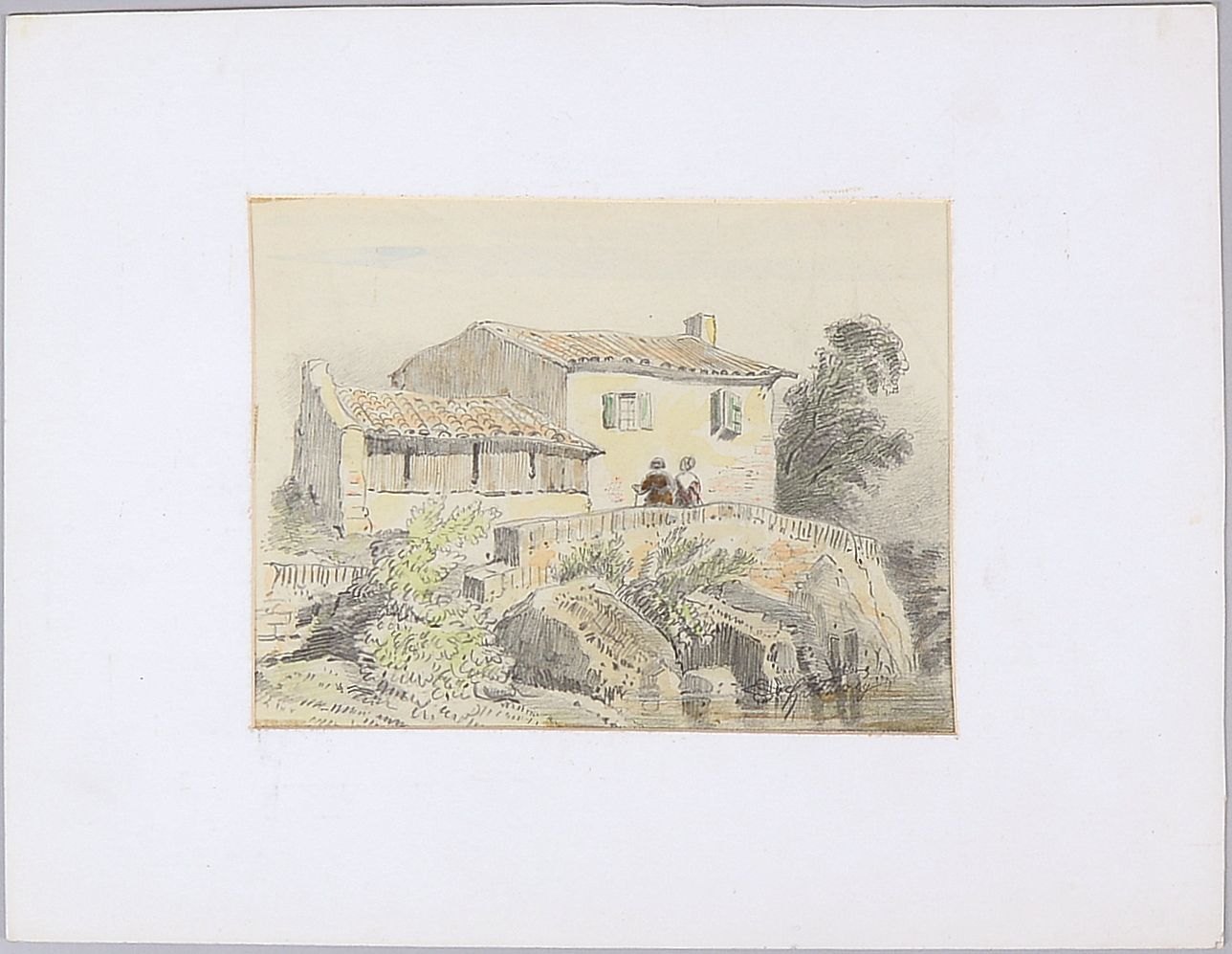 Spitzweg, F.C., 'Altes Gehöft mit Damen', kolorierte Bleistiftzeichnung, unter PP