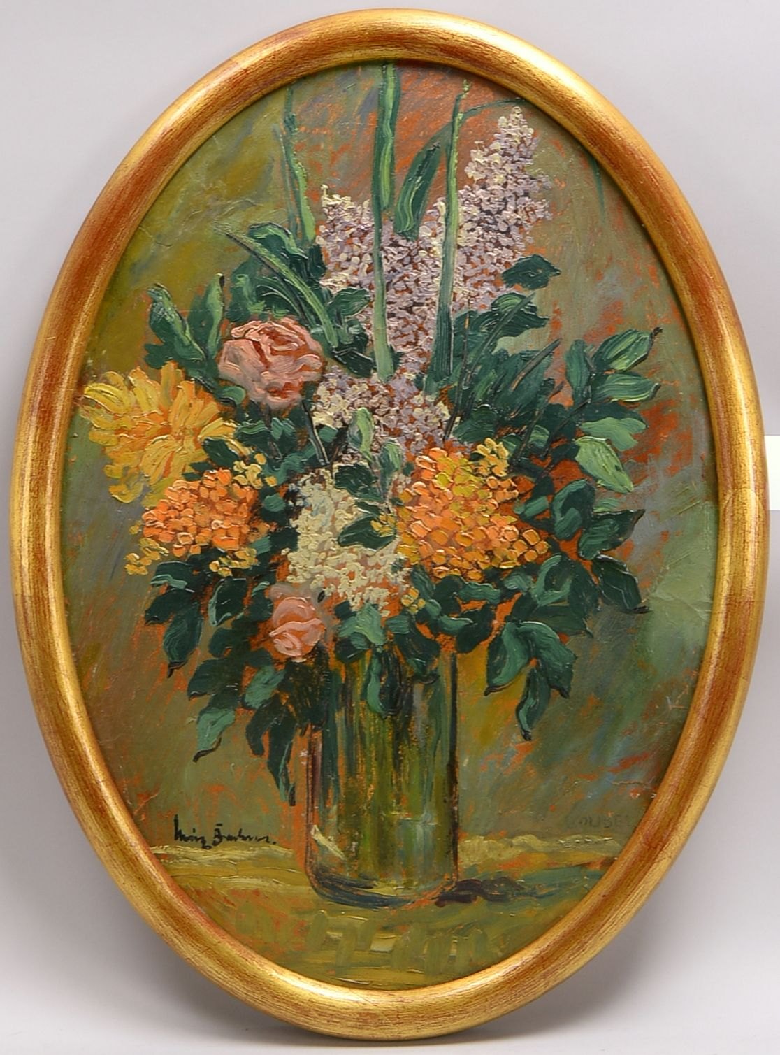Baden, Heinz, 'Ovales Blumenstillleben in Glasvase', Öl auf Malkarton/ger., unten li. sign.