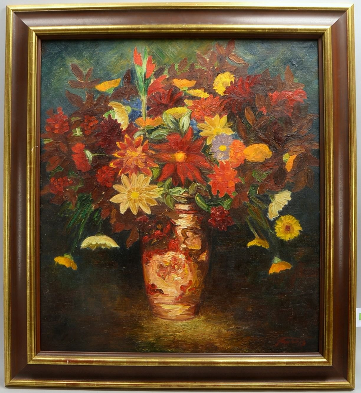 Gemälde, 'Blumenstillleben', Öl/Lw, unten re. sign.; Rahmenmaße 111 x 100 cm
