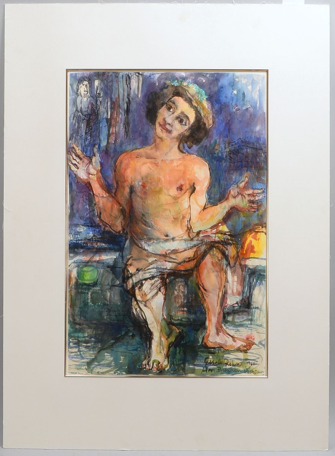 Röhn, Gisela, 'Am Brunnen', Aquarell/Gouache auf Papier, unten re. sign./dat. '1967', unter PP