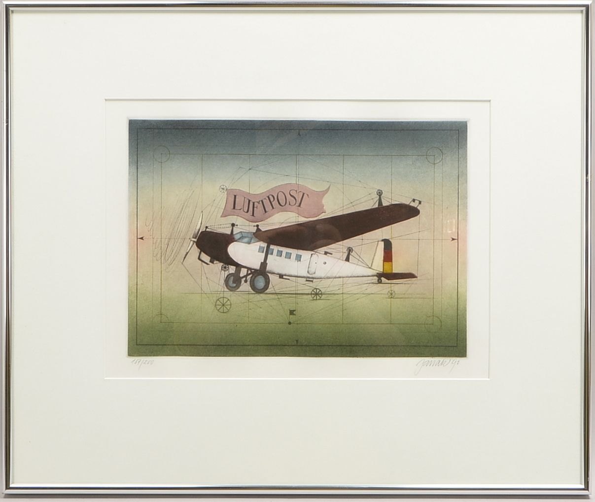 Janak, Alois, 'Luftpost', Farbradierung, Aufl. '151/200', sign./dat., unter PP hinter Glas