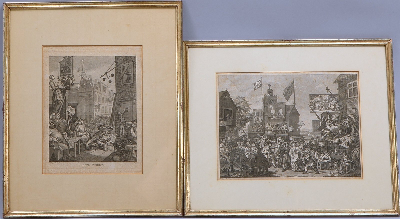 2 Kupferstiche: W. Hogarth, 'Beer Street', und E.L. Riepenhausen, 'Southwark Fair', hinter Glas