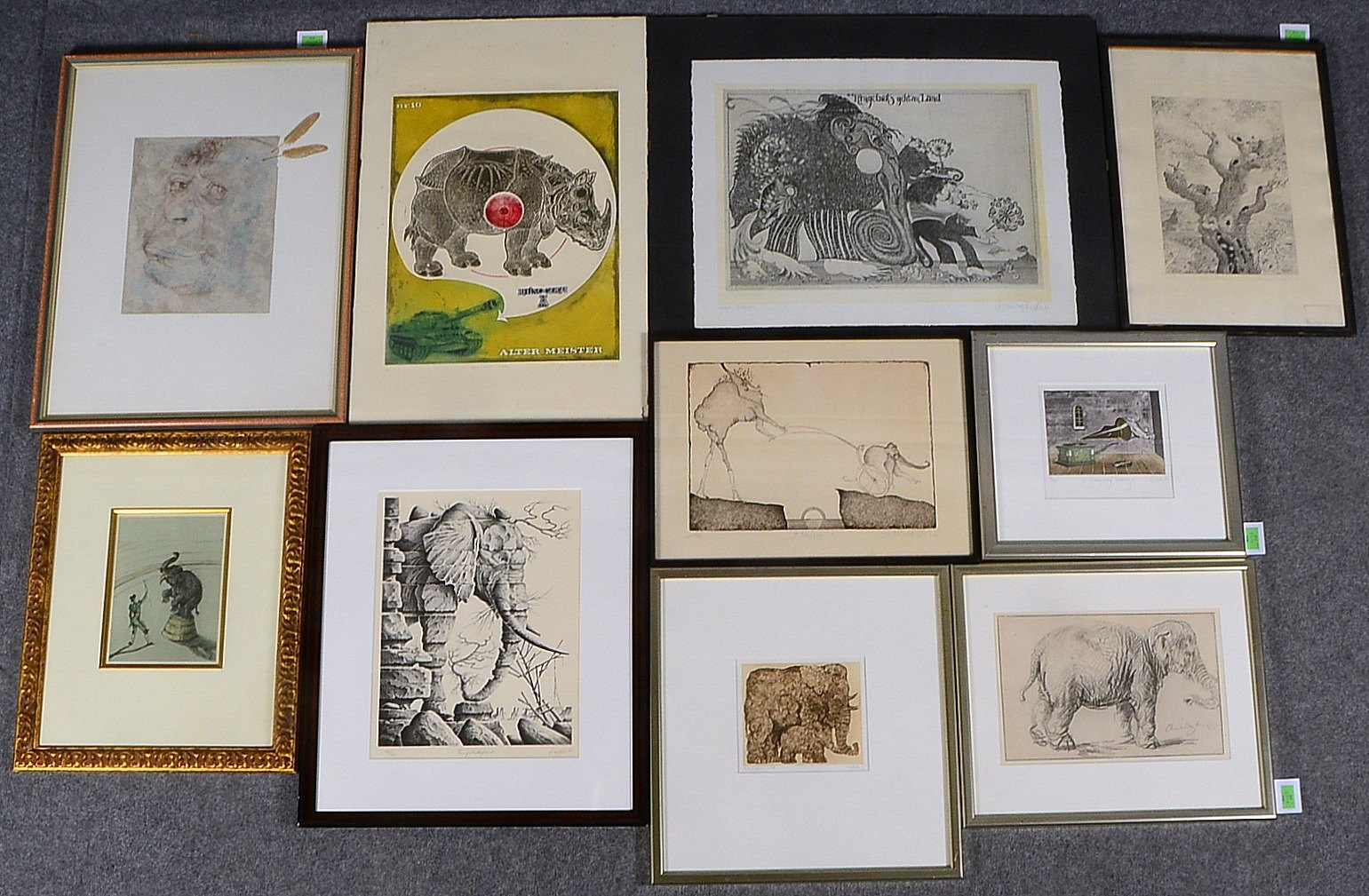 10 Grafiken, 'Elefantenmotive', versch. Künstler, sign., hinter Glas; untersch. Maße