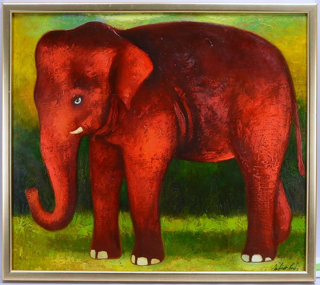 Gemälde, 'Roter Elefant', Öl/Lw, unten re. (unles.) sign.; Rahmenmaße 75 x 85 cm