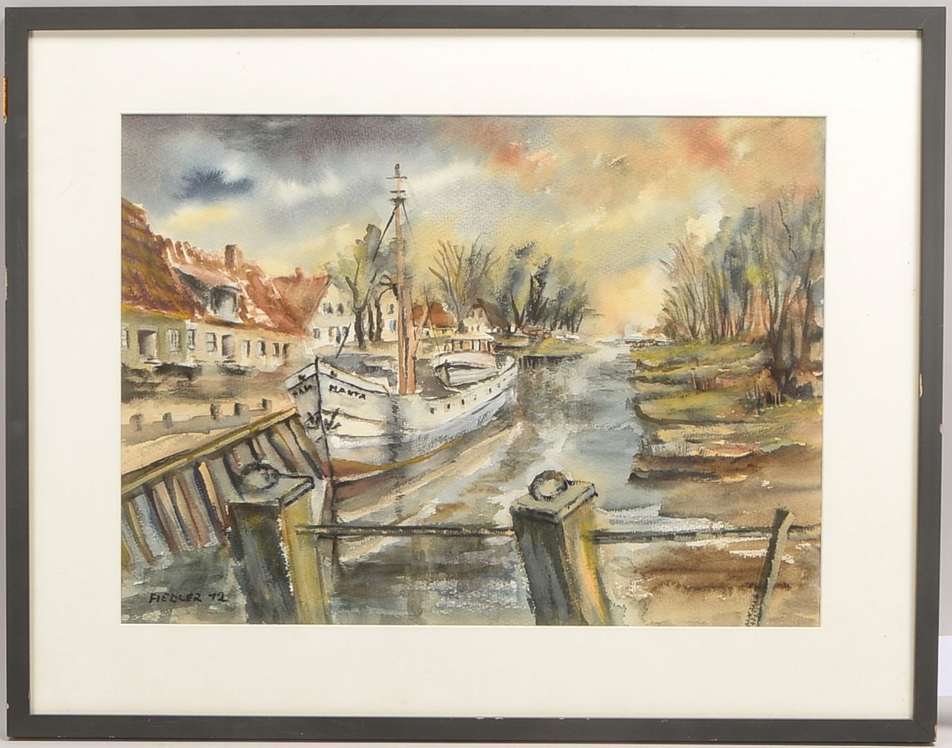 Fiedler(-?), 'Hafen Rodenkirchen', Aquarell/Papier, sign./dat. (19)'72', unter PP hinter Glas