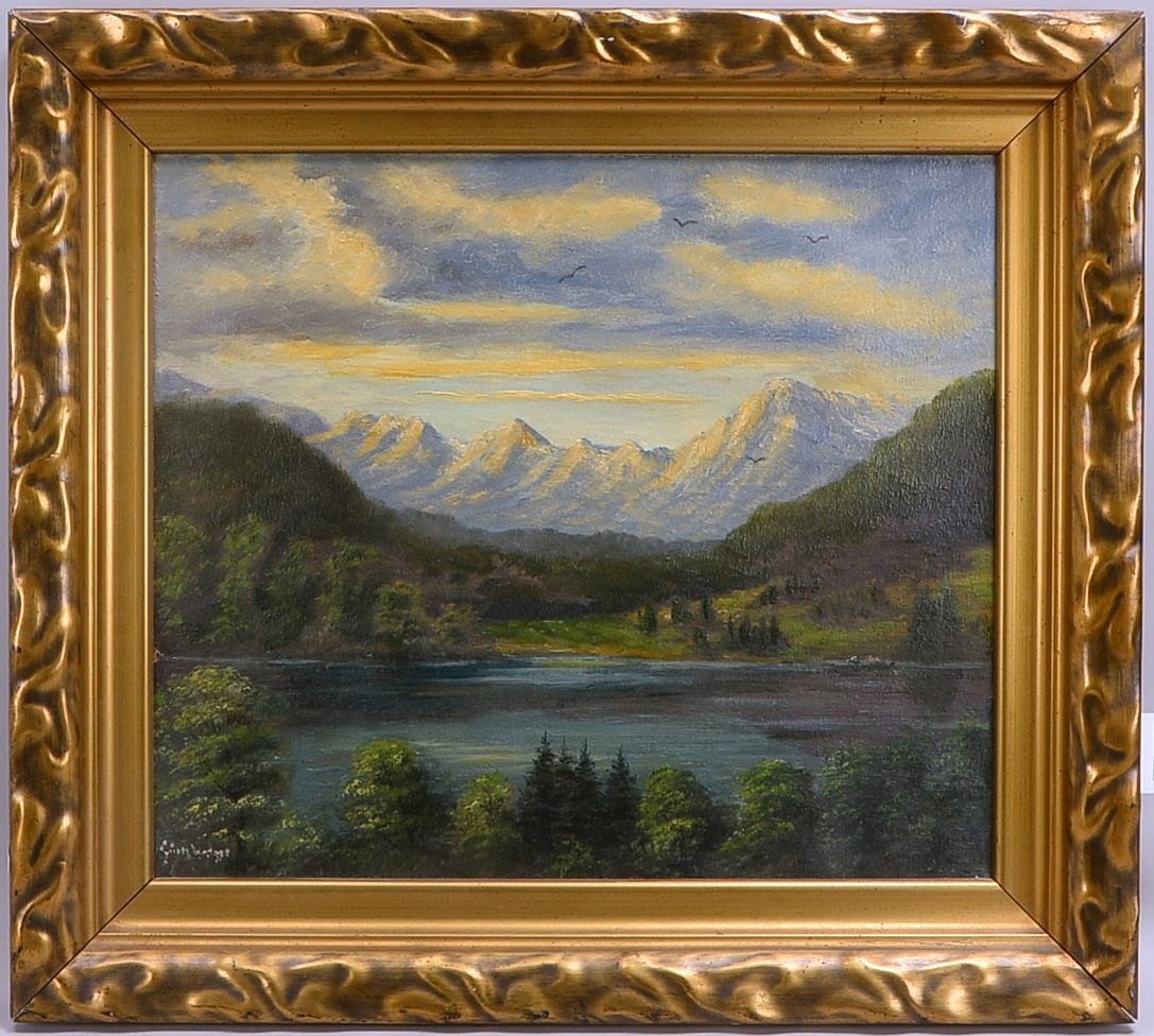 Gemälde, 'Bergsee', Öl/Lw, unten li. (unles.) sign.; Rahmenmaße 66 x 74 cm