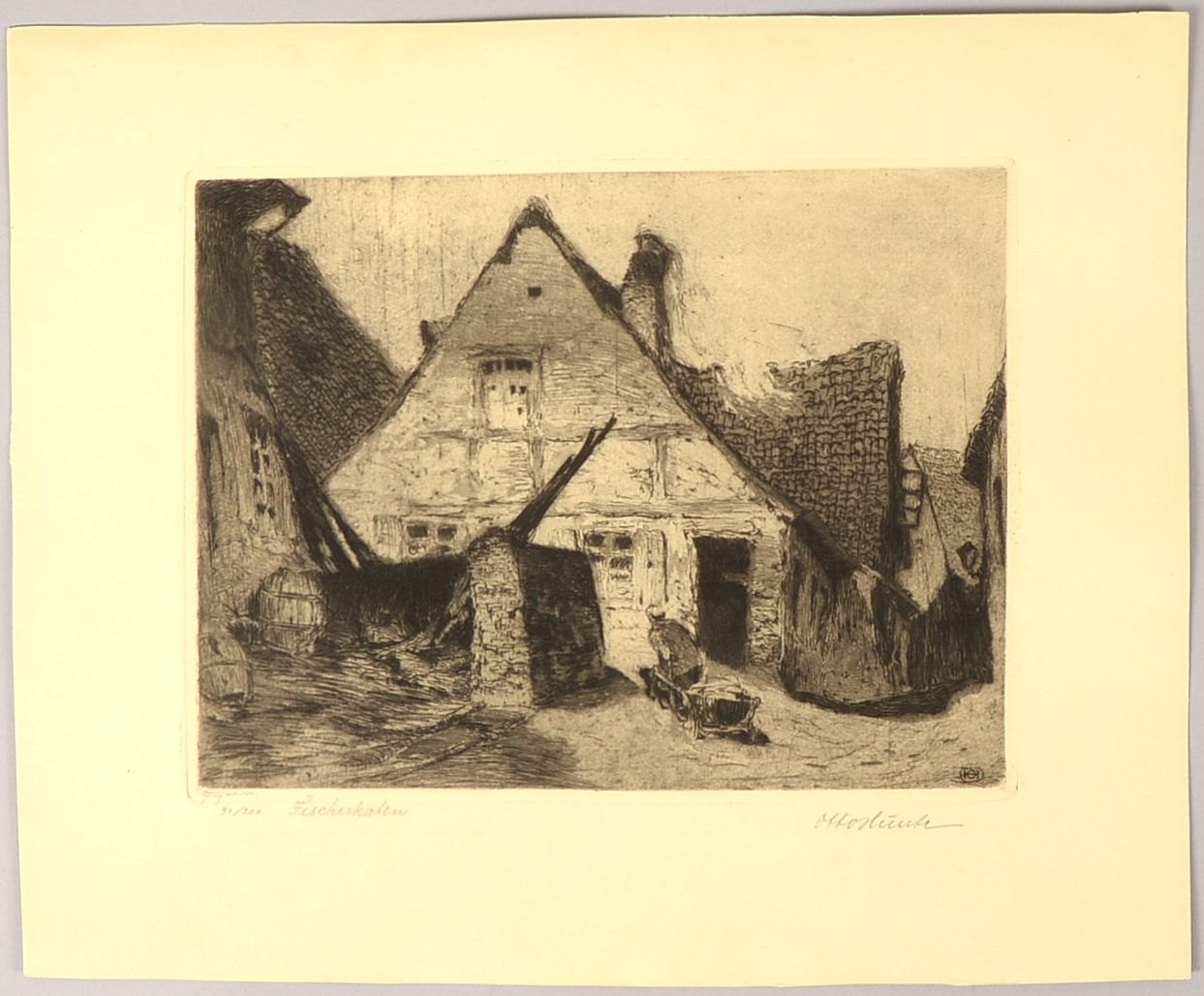 Hunte, Otto, 'Fischerkaten', Rad., Aufl. 200, bleisign. 'O. Felsing Druckwerkst.' - sehr selten!