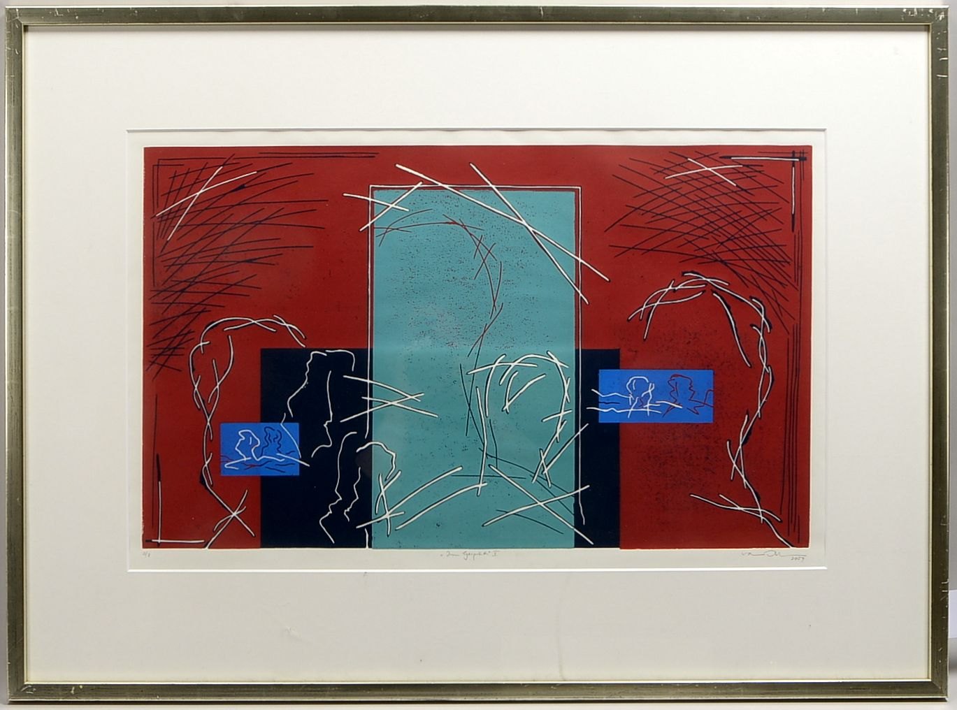 Farbserigrafie, 'Im Gespräch II', '2/8', sign./bet., hinter Glas; Rahmenmaße 77,5 x 106 cm