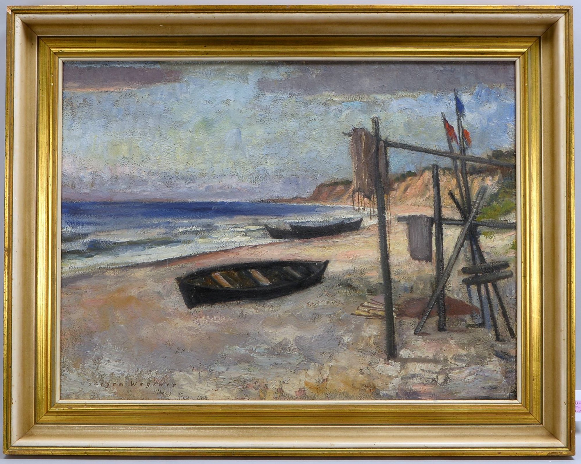 Wegener, Jürgen, 'Boote an frz. Steilküste', Öl/Hf, sign.; Rahmenmaße 75 x 95 cm