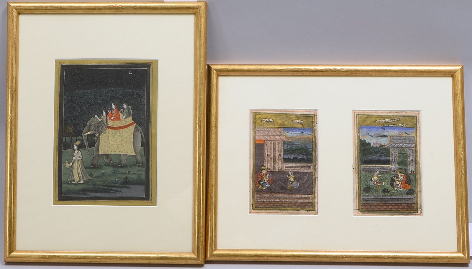 3 Miniatur-Mogulmalereien, 'Höf. Szenen', unter PP; Rahmenmaße 43,3 x 33,3 cm