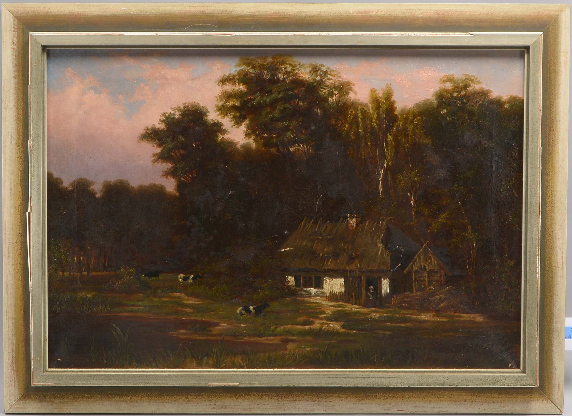 Gemälde, 'Bäuerliches Idyll mit Kühen', Öl/Lw, unsigniert