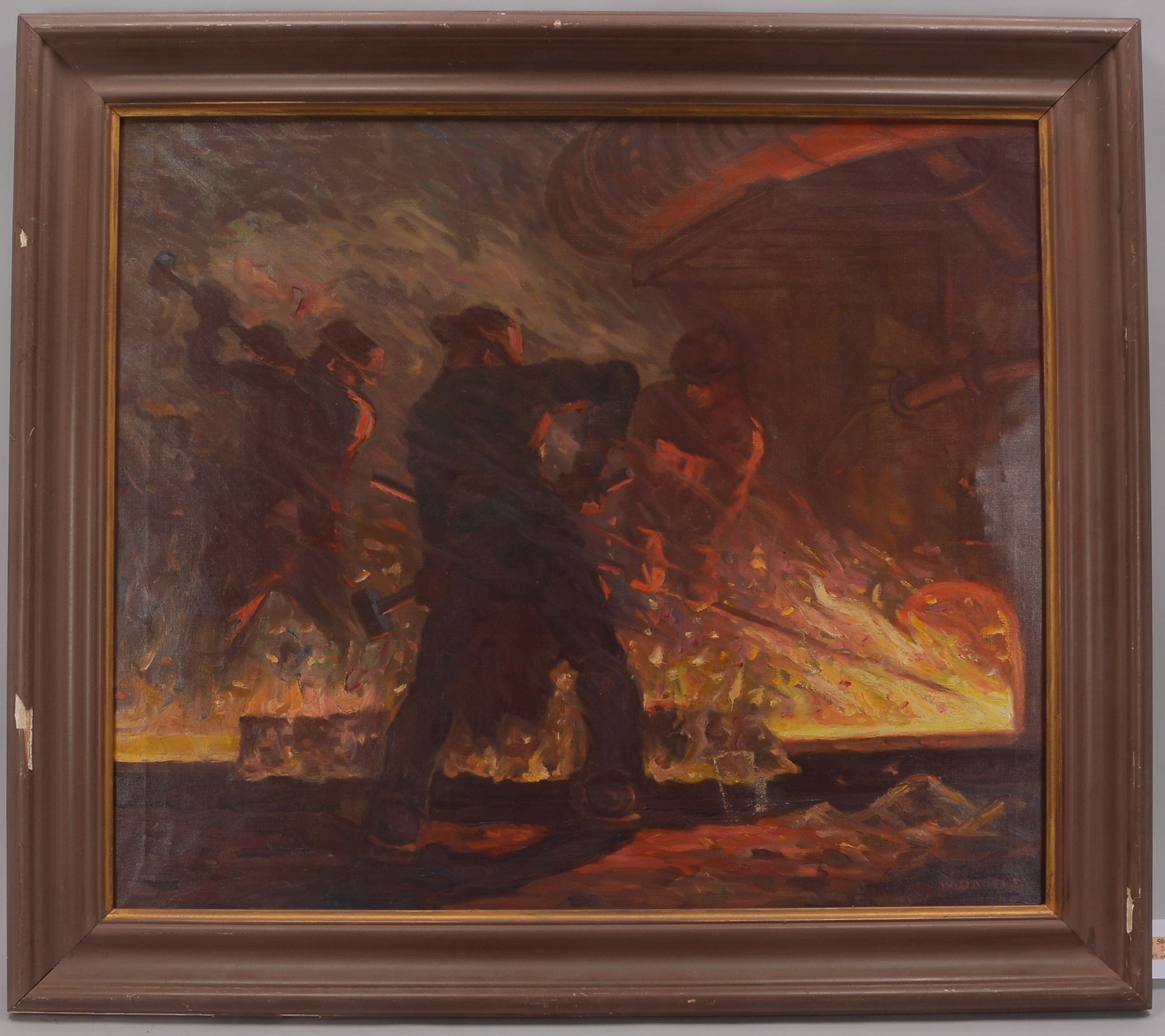 Daneke, Wilfried, 'Hochofenszene - Am Feuer', Öl/Lw, unten rechts signiert; Bildmaße 73 x 85 cm, Rah