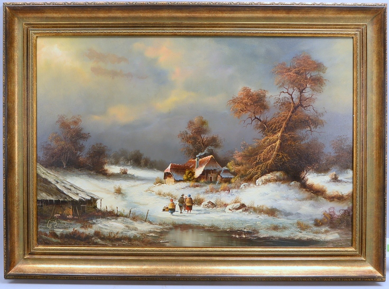 Gemälde, 'Gehöft im Winter', Öl/Lw, unten li. sign.; Rahmenmaße 78 x 108 cm