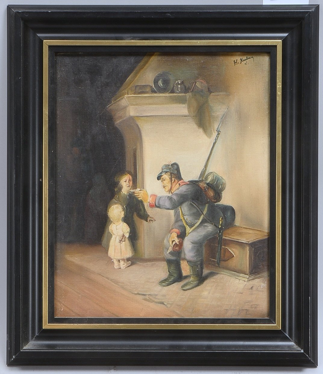Gemälde, 'Kampfpause', Öl/Lw, oben re. (unles.) sign.; Rahmenmaße 43 x 37 cm