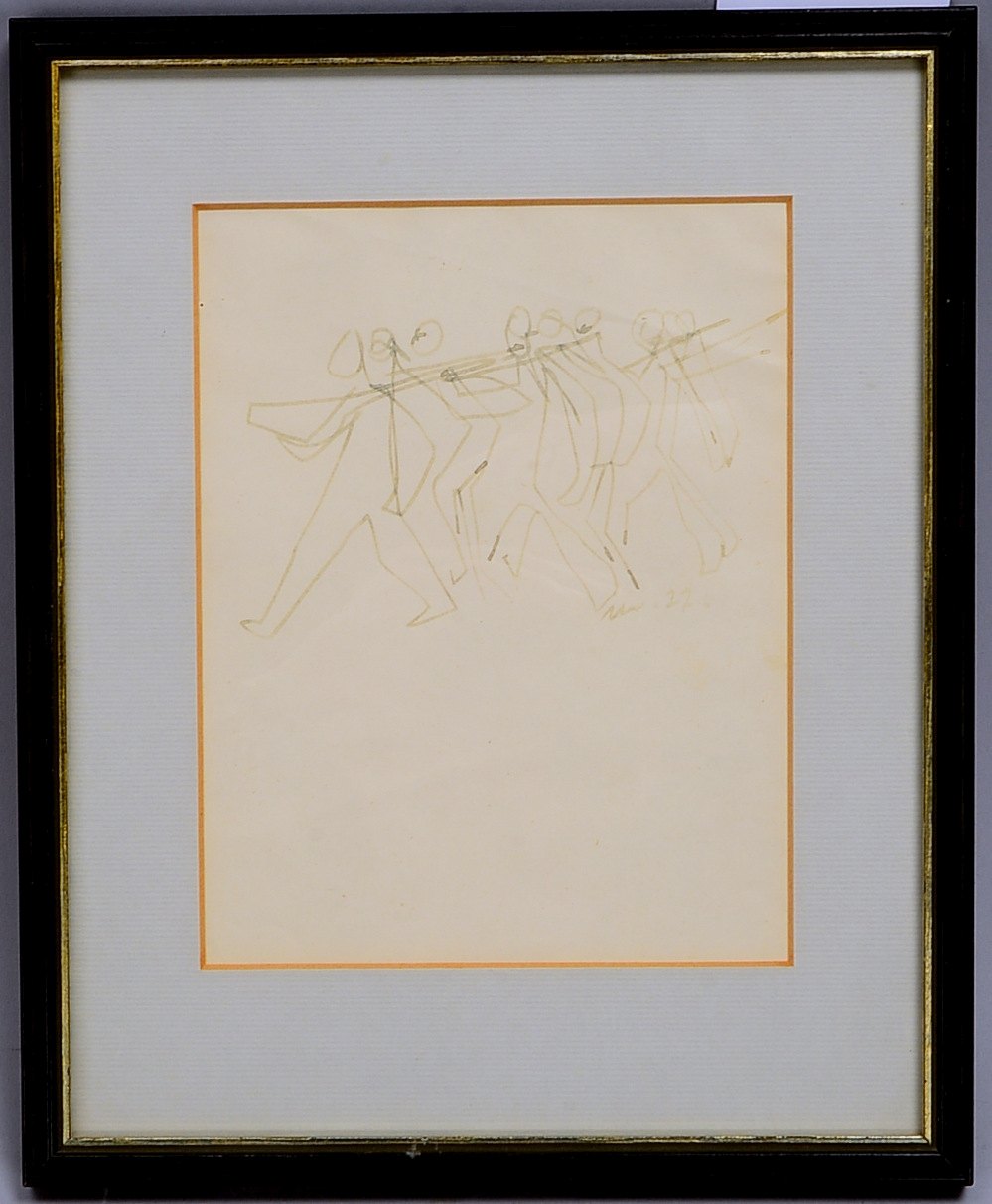 Schwarz, Heinrich, 'Schreitende Gruppe', Filzstift, unten re. sign./dat. (19)'77', hinter Glas