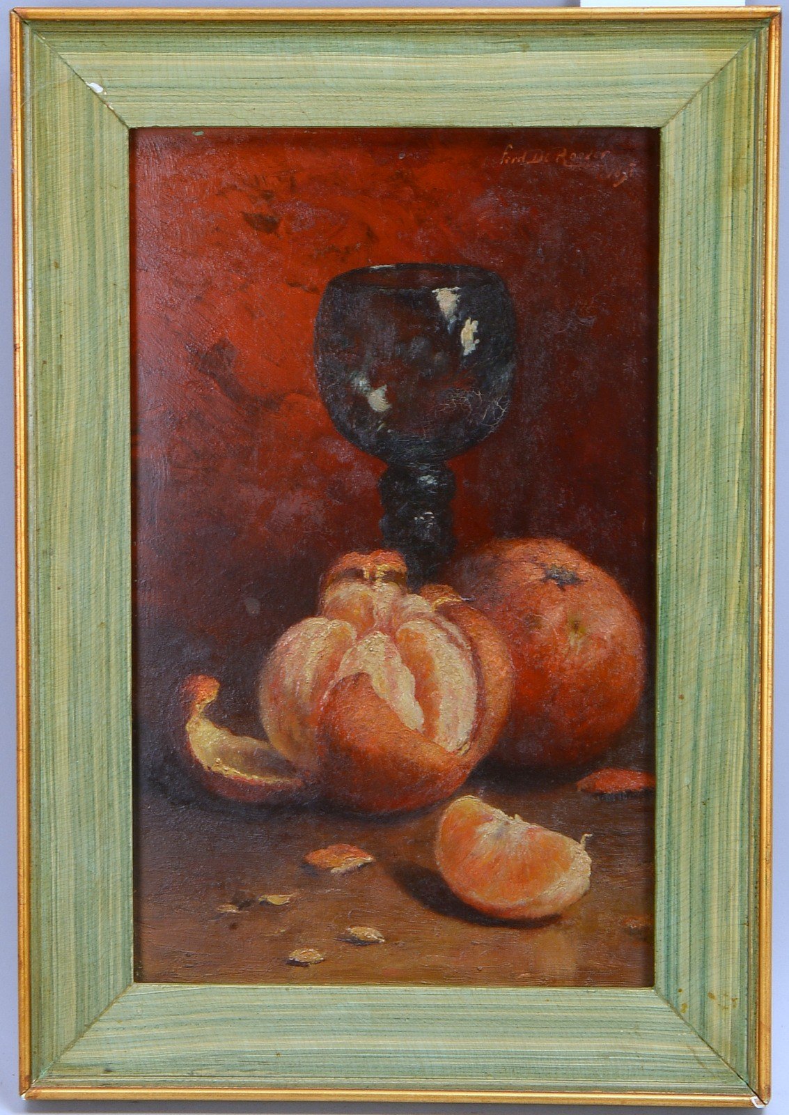 de Roover, Ferdinand, 'Tischstilleben mit Weinglas und Clementinen', Öl/Holz, sign.