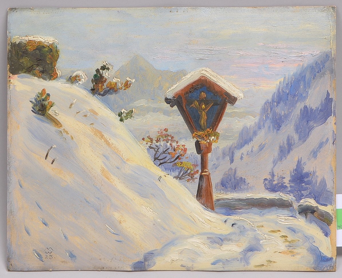 Monogr., 'Bergkreuz', Öl/Mk, monogr. 'MW'/dat. (19)'23'; Bildmaße 27,5 x 34,5 cm