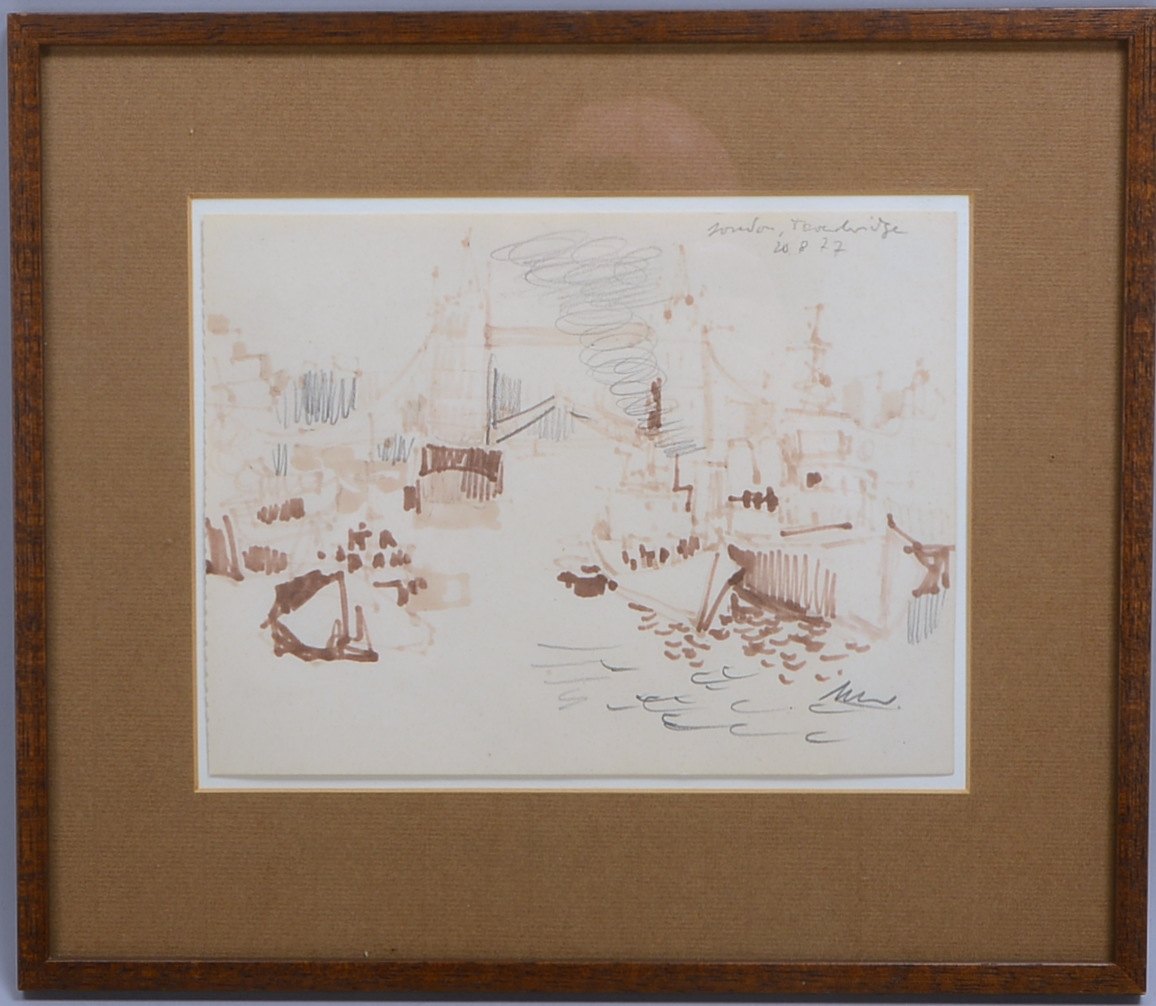 Schwarz, Heinrich, 'Tower Bridge', Blei-/Farbstiftzeichn., oben re. sign./dat., hinter Glas