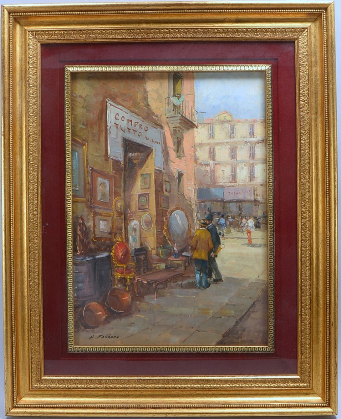 Gemälde, 'Ital. Trödlergasse', Öl/Lw, sign./bet., hinter Glas; Rahmenmaße 101 x 81,5 cm