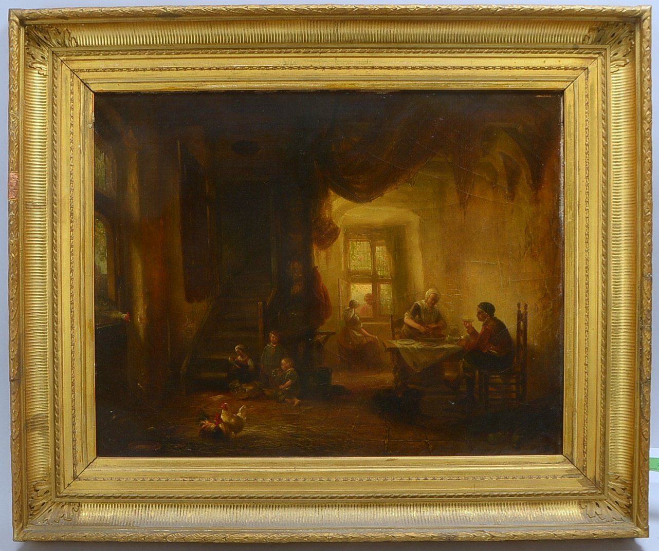 Gemälde (um 1850), 'Fischerstube', Öl/Lw, monogr.; Rahmenmaße 81,5 x 96 cm