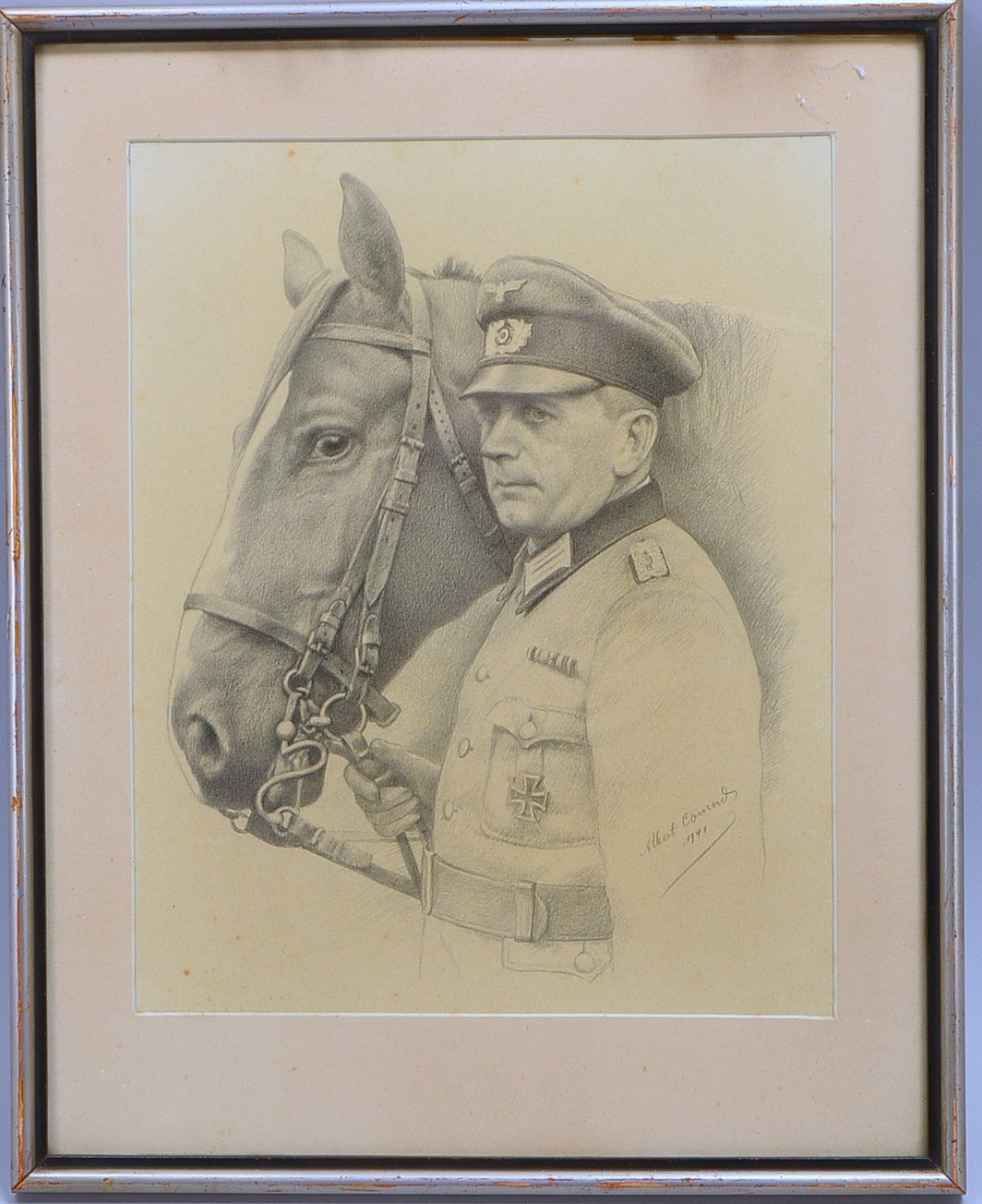 Conrad, Albert, 'Kavalleristenportrait', Bleistift auf Papier, sign./dat. '1941', hinter Glas