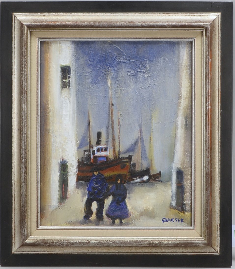 Quiesse, Claude, 'Paar am Hafen', Öl/Lw, unten re. sign.; Rahmenmaße 64 x 56 cm