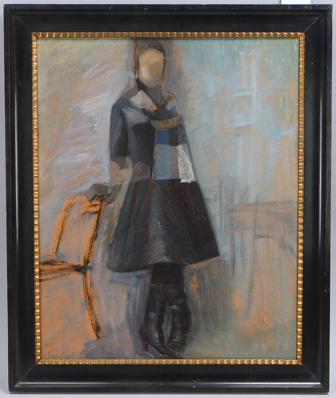 Gemälde, 'Frau am Stuhl', Öl/Hartfaser, sign. 'Litaudon'(?), verso bez.