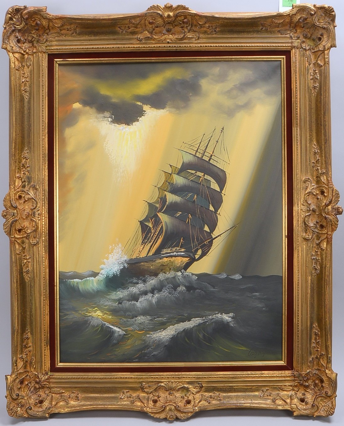 Gemälde, 'Dreimaster bei Gewitter...', Öl/Lw, sign. 'Cagfey'(?), Rahmenmaße 105 x 85 cm