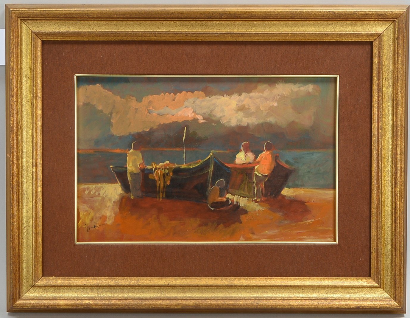 Gemälde, 'Fischerboote', Öl/Holz, unten li. (unles.) sign.; Rahmenmaße 46 x 60 cm