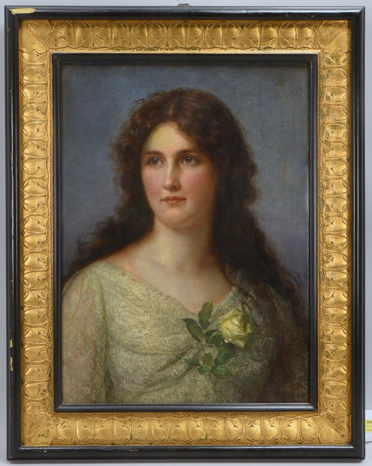 Schmitt, G.P., 'Junge Frau mit weißer Rose', Öl/Lw, sign./dat. '1909', im Rahmen d. Zeit