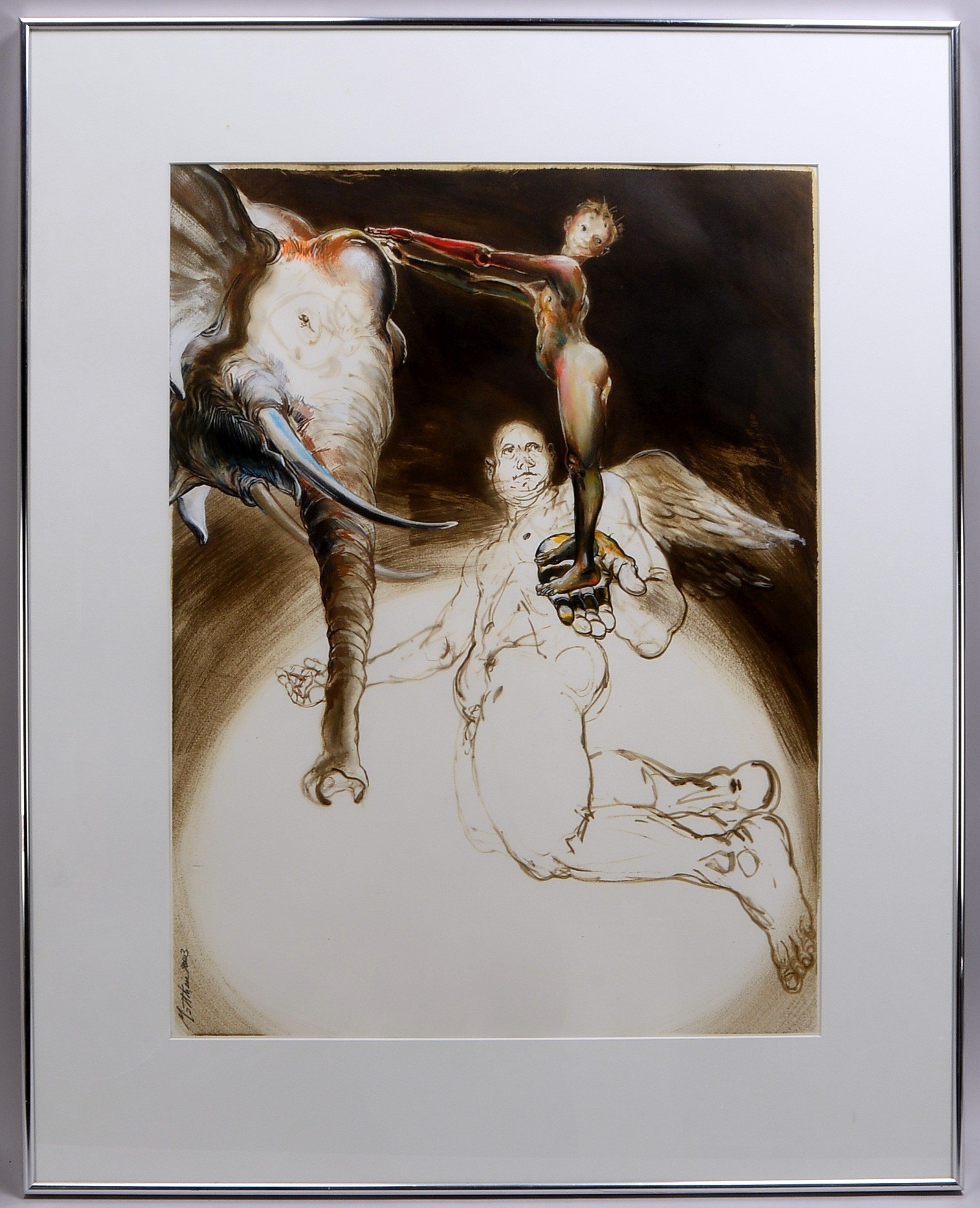 Kuhn, Matthieu, 'Der Elefant und der Engel', Gouache, sign./dat. '2004', unter PP hinter Glas