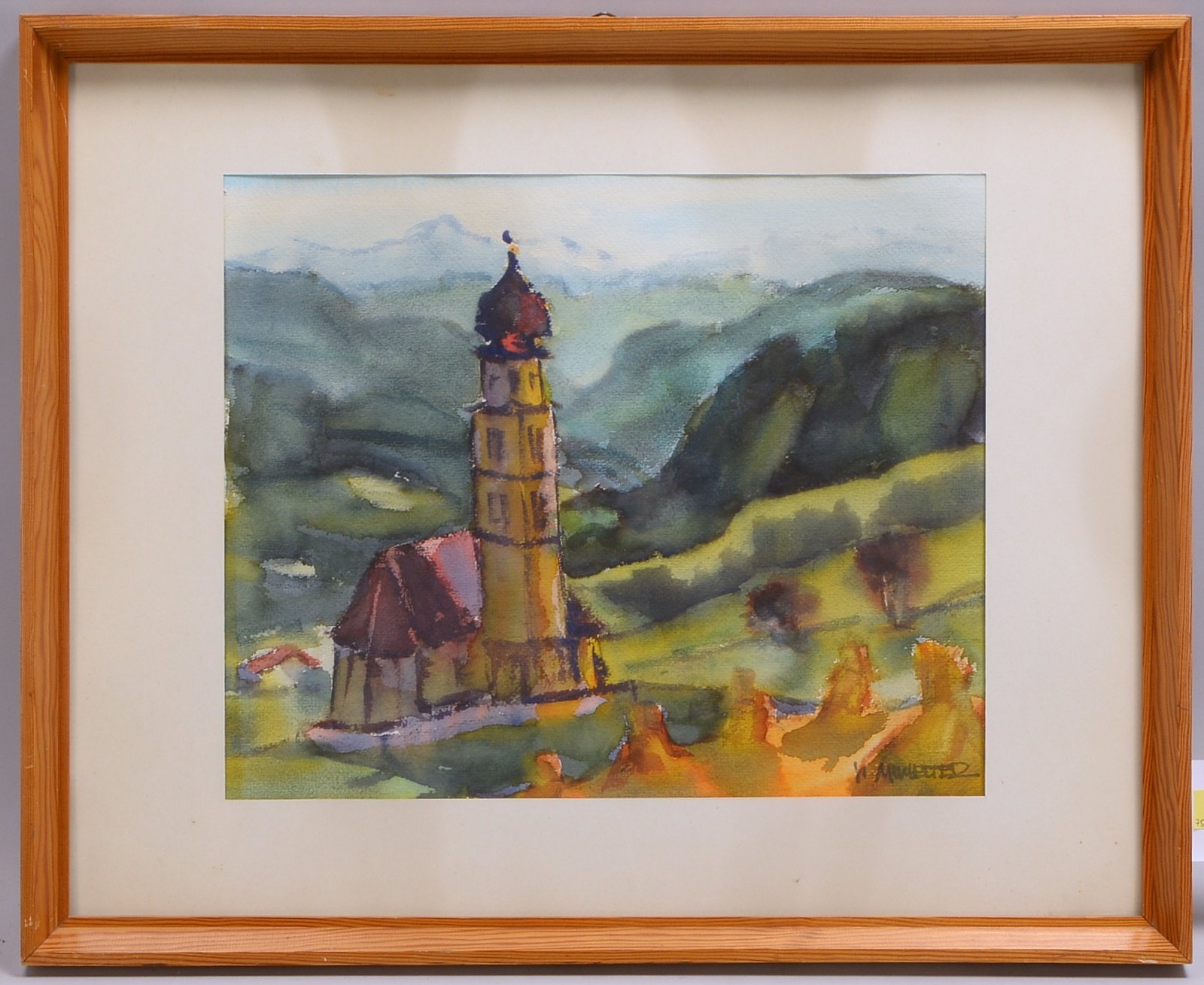 Mumelter, Hubert, 'Bergkapelle', Aquarell, sign.; Rahmenmaße 50,5 x 62,5 cm