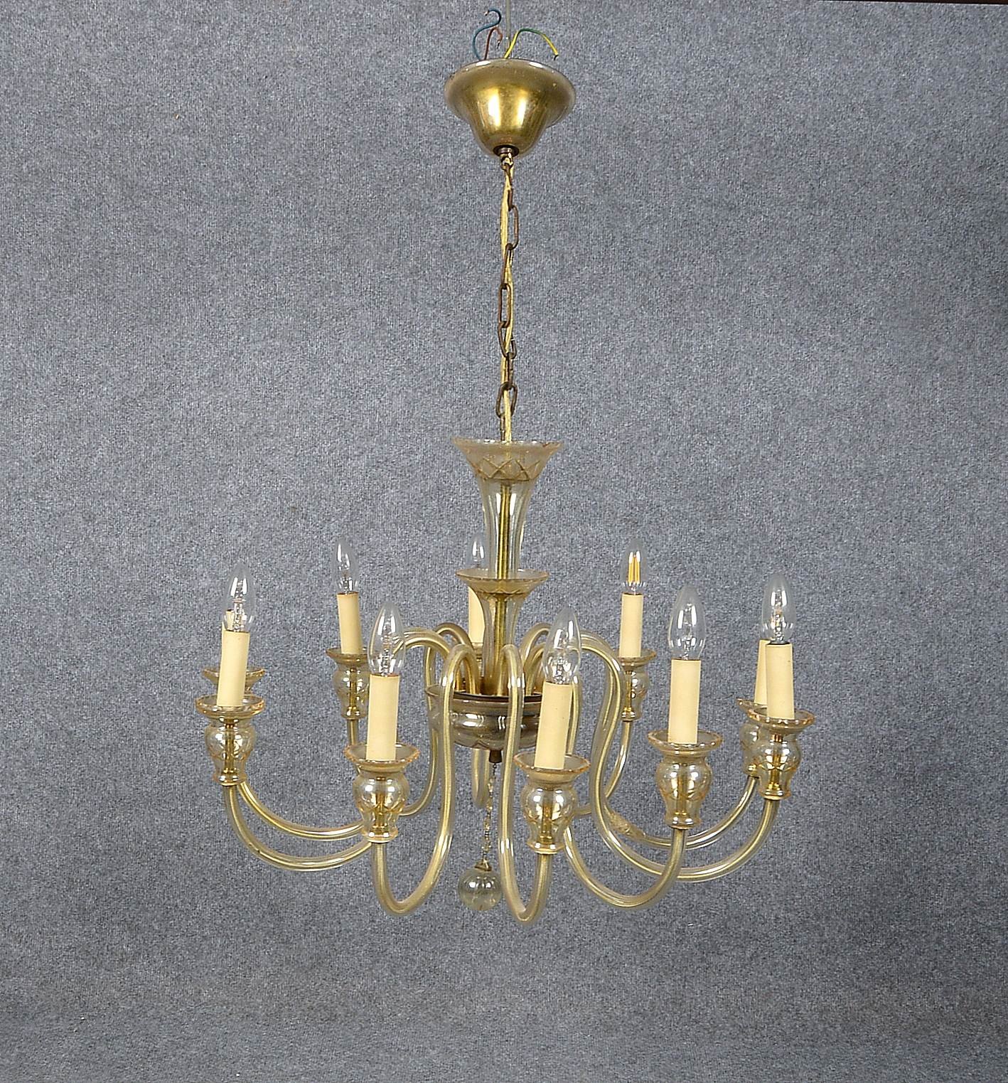 Deckenleuchter, 10-armig/10-fl., champagnerf. Glas/teils mit Schliffdekor, elektrif.
