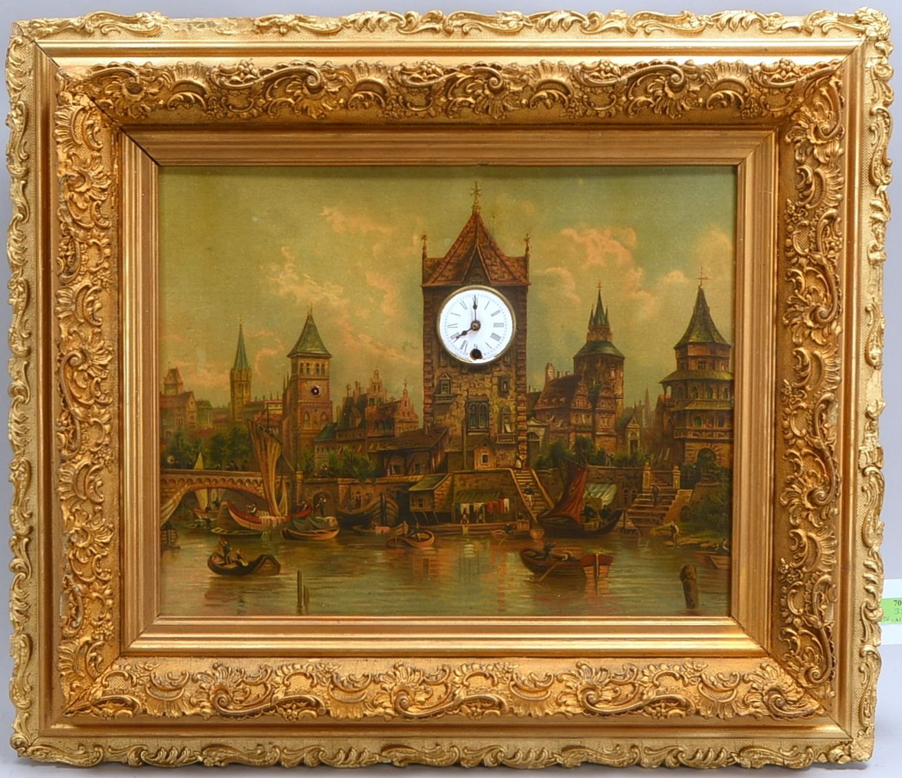 Alte Bilderuhr, 'Stadtansicht', integrierter Spieluhr, im Prunkrahmen; Maße 62 x 72 cm