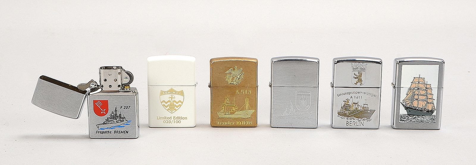 6 Sammler-Feuerzeuge ('Marine'), seltene 'Zippo'-Ausf., jeweils in orig. Schachtel