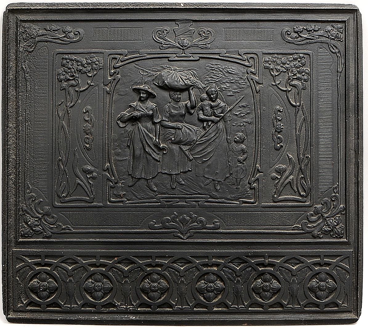 Alte Kaminplatte/Ofenplatte, Gusseisen, mit Jugenstil-Dekor; Maße 75 x 64 cm