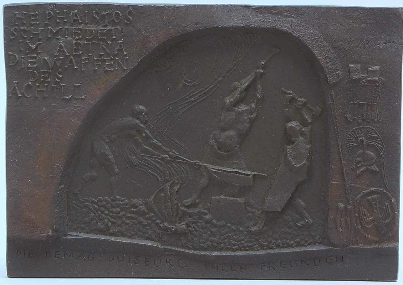 Wimmer, H., Bronzeplakette, 'Hephaistos schmiedet... Waffen des Achill', sign.