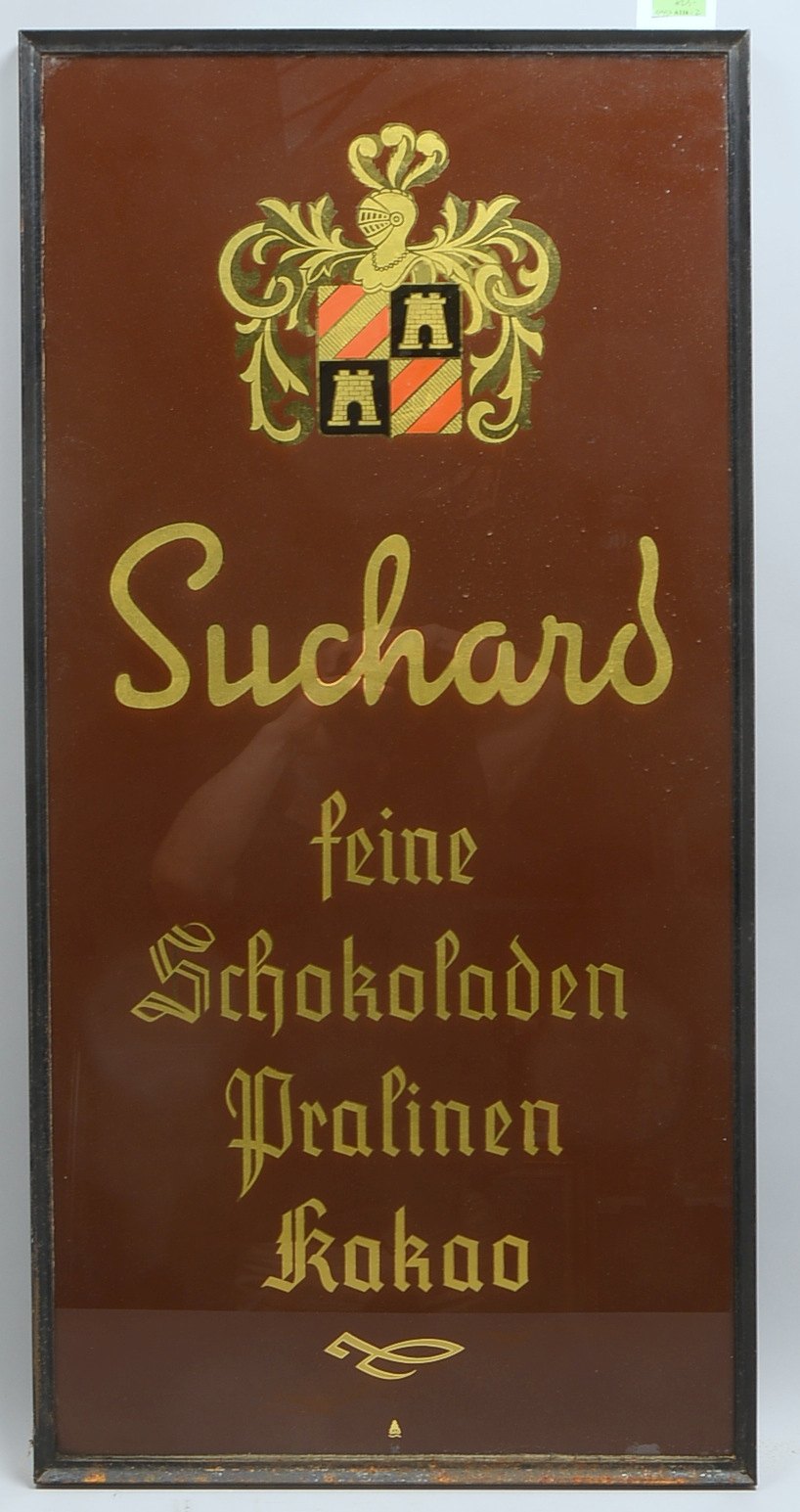 Alte Werbetafel, 'Suchard - feine Schokol., Pral., Kakao'; Rahmenmaße 120 x 50 cm