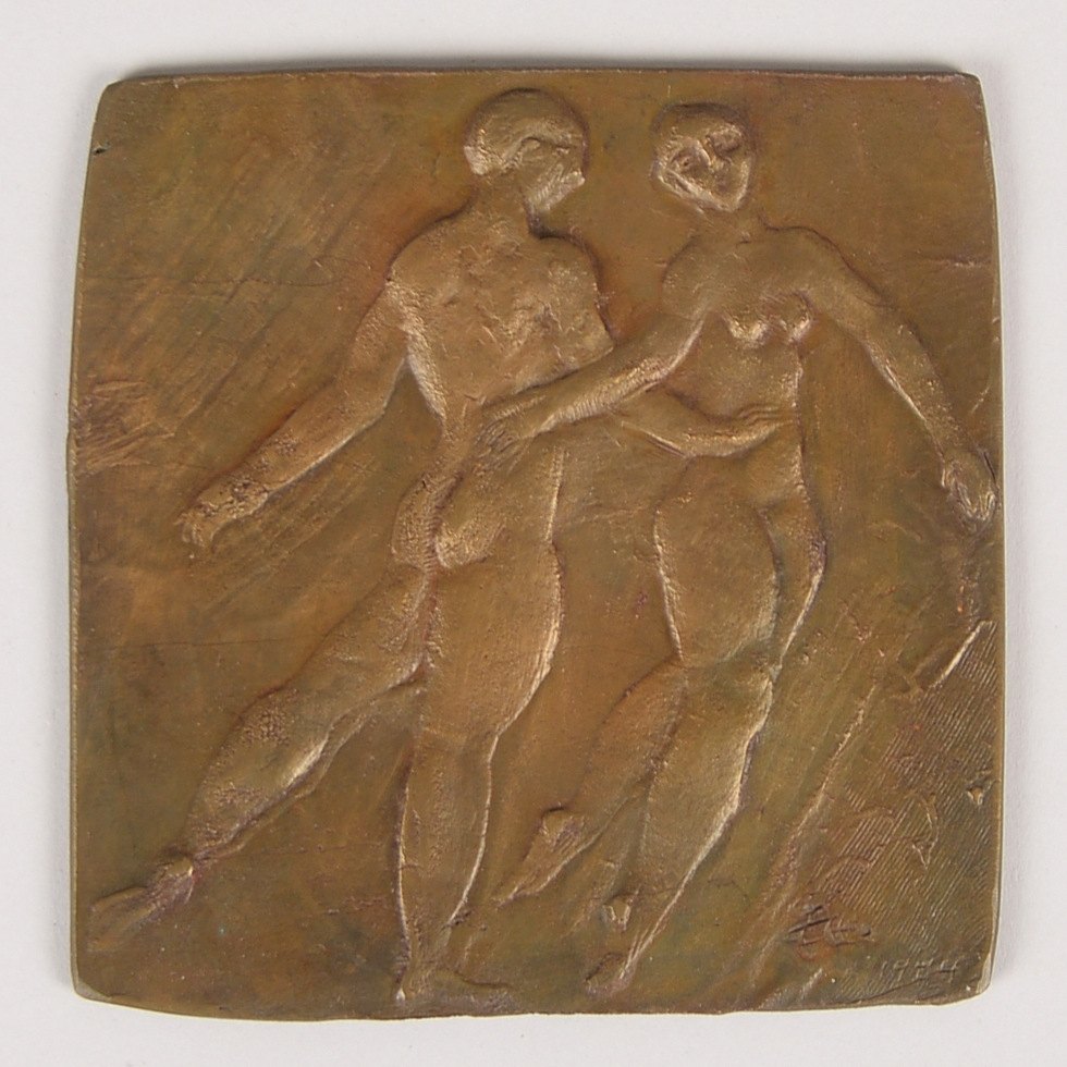 Engelin-Hommes, G., Bronzerelief, 'Tanzendes Paar - Zwei Akte', monogr.; Maße 13 x 12,5 cm