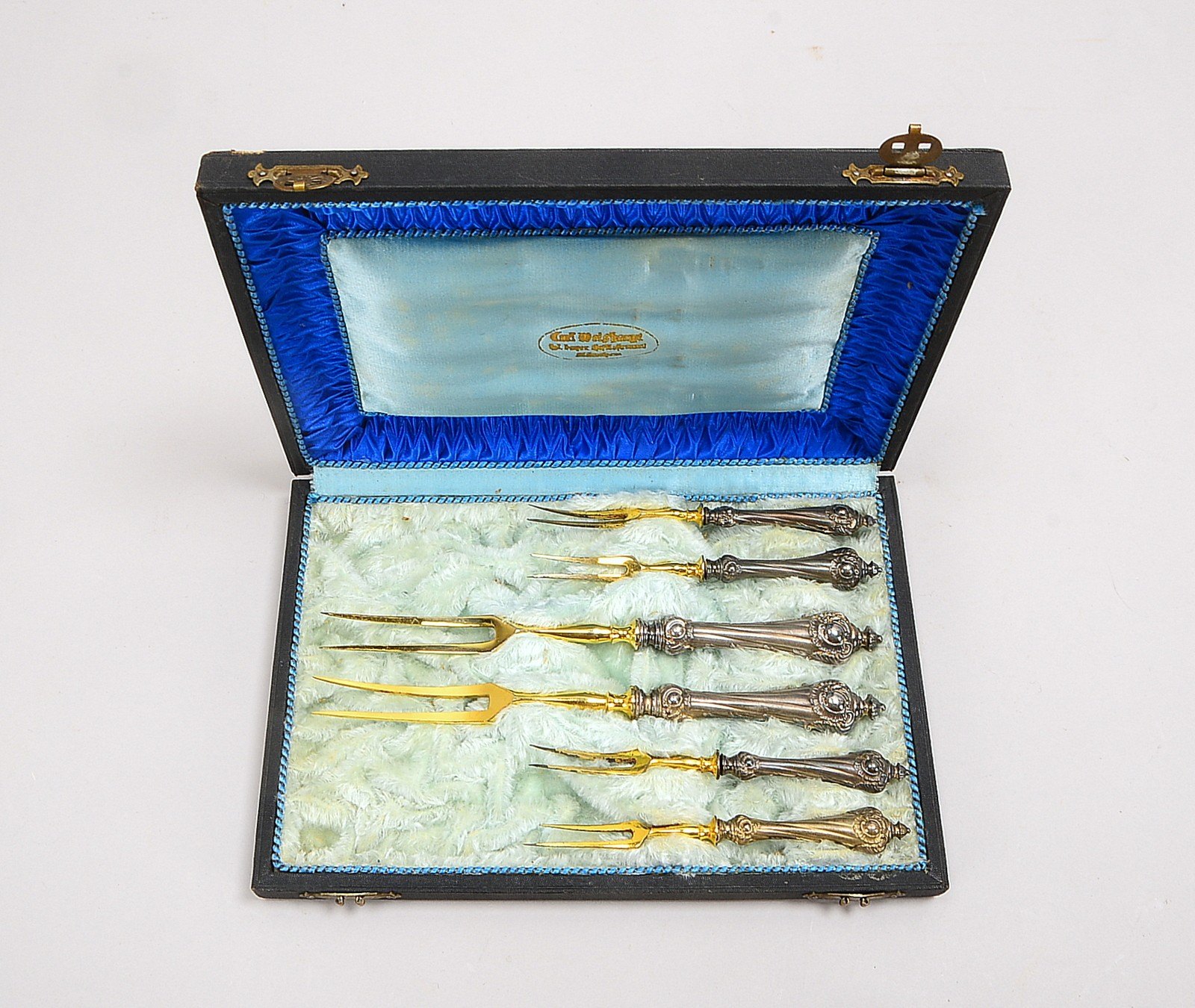 6x Aufschnittgabeln, 800 Silbergriffe/Zinken verg., 2x groß/4x klein; Gew. 109 g